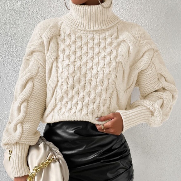 Beige Cable Knit Turtleneck Sweater - Picture 1 of 1